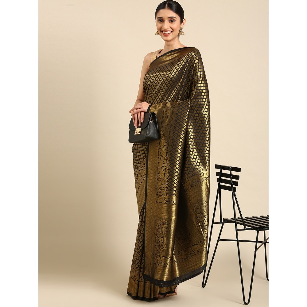 Sharaa Ethnica Black Kanjeevaram saree with unstitched blouse pcs