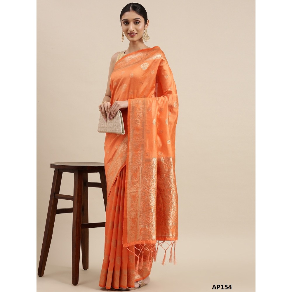 Sharaa Ethnica Orange color Kanjeevaram Silk Sarees with unstiched blouse piece