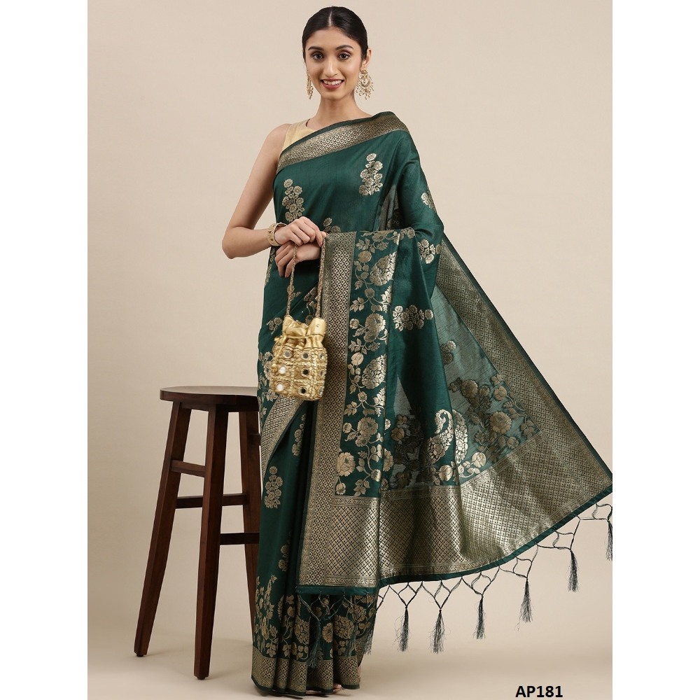 Sharaa Ethnica Dark Green color Kanjeevaram Silk Sarees with unstiched blouse piece