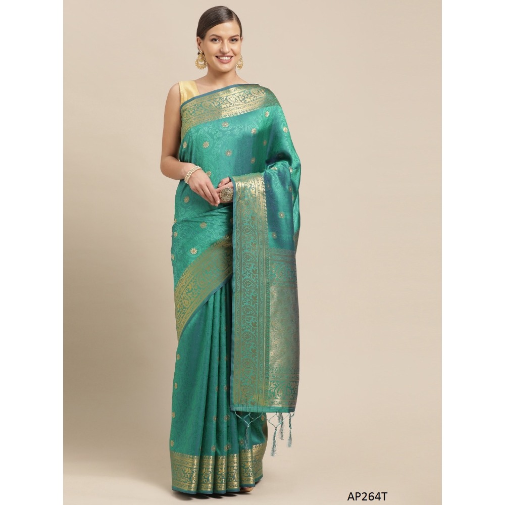 Sharaa Ethnica Turquoise color Kanjeevaram Silk Sarees with unstiched blouse piece