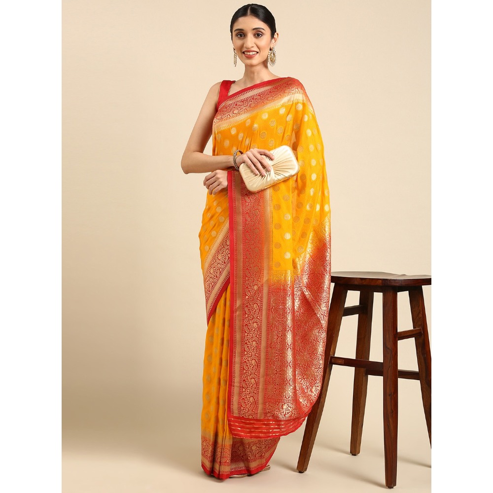 Sharaa Ethnica Yellow Kanjeevaram saree with unstitched blouse pcs