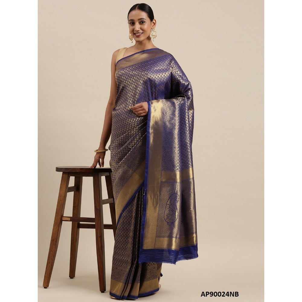 Sharaa Ethnica Navy Blue color Kanjeevaram Silk Sarees with unstiched blouse piece