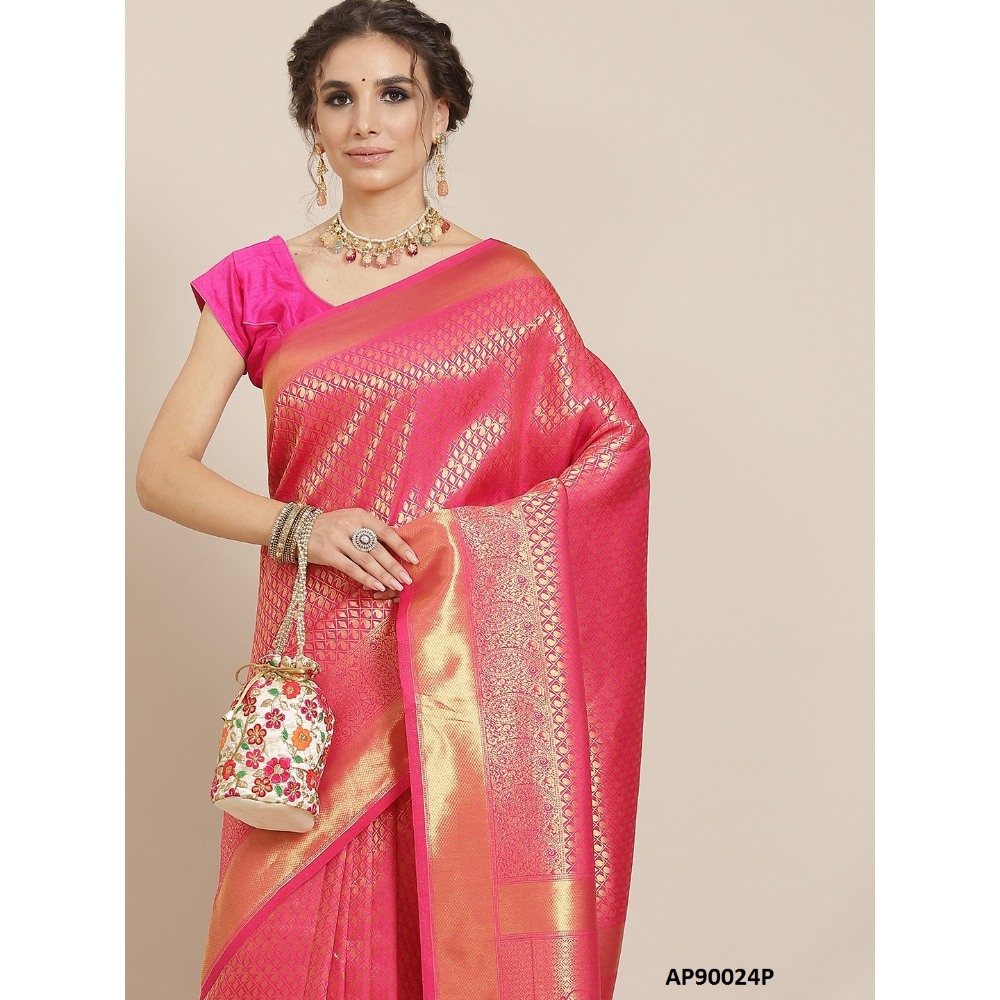 Sharaa Ethnica pink Kanjeevaram saree with unstitched blouse pcs