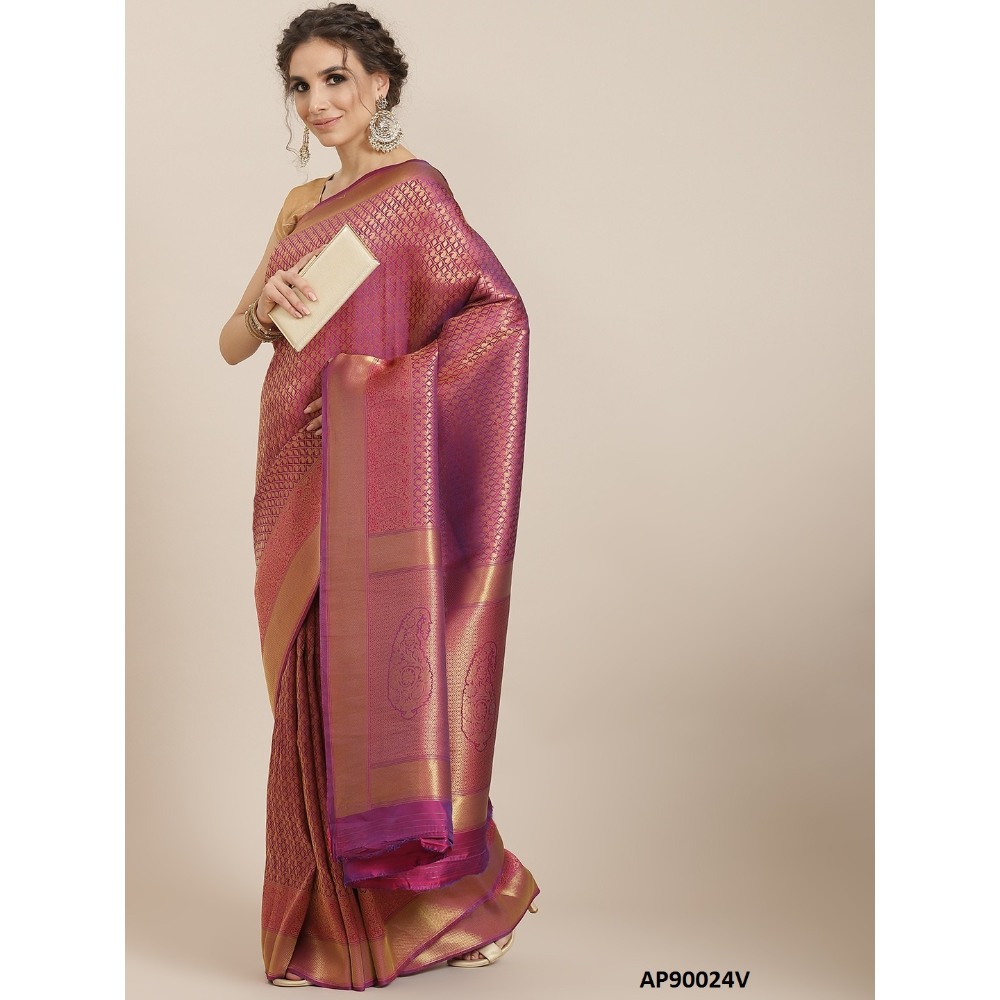 Sharaa Ethnica Wine color Kanjeevaram Silk Sarees with unstiched blouse piece