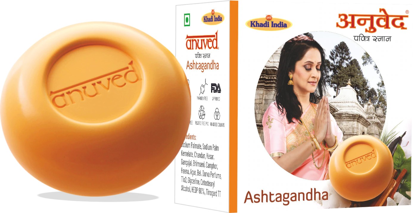 Anuved Herbal Ashtagandha Soap enriched with Rishikesh Gangajal for Revitalizing. Contains 8 Ancient Indian herbs(Tulsi, Durva, Bhimseni camphor, Bel, Chandan,Kesar,Heena, agar) - 125 gm