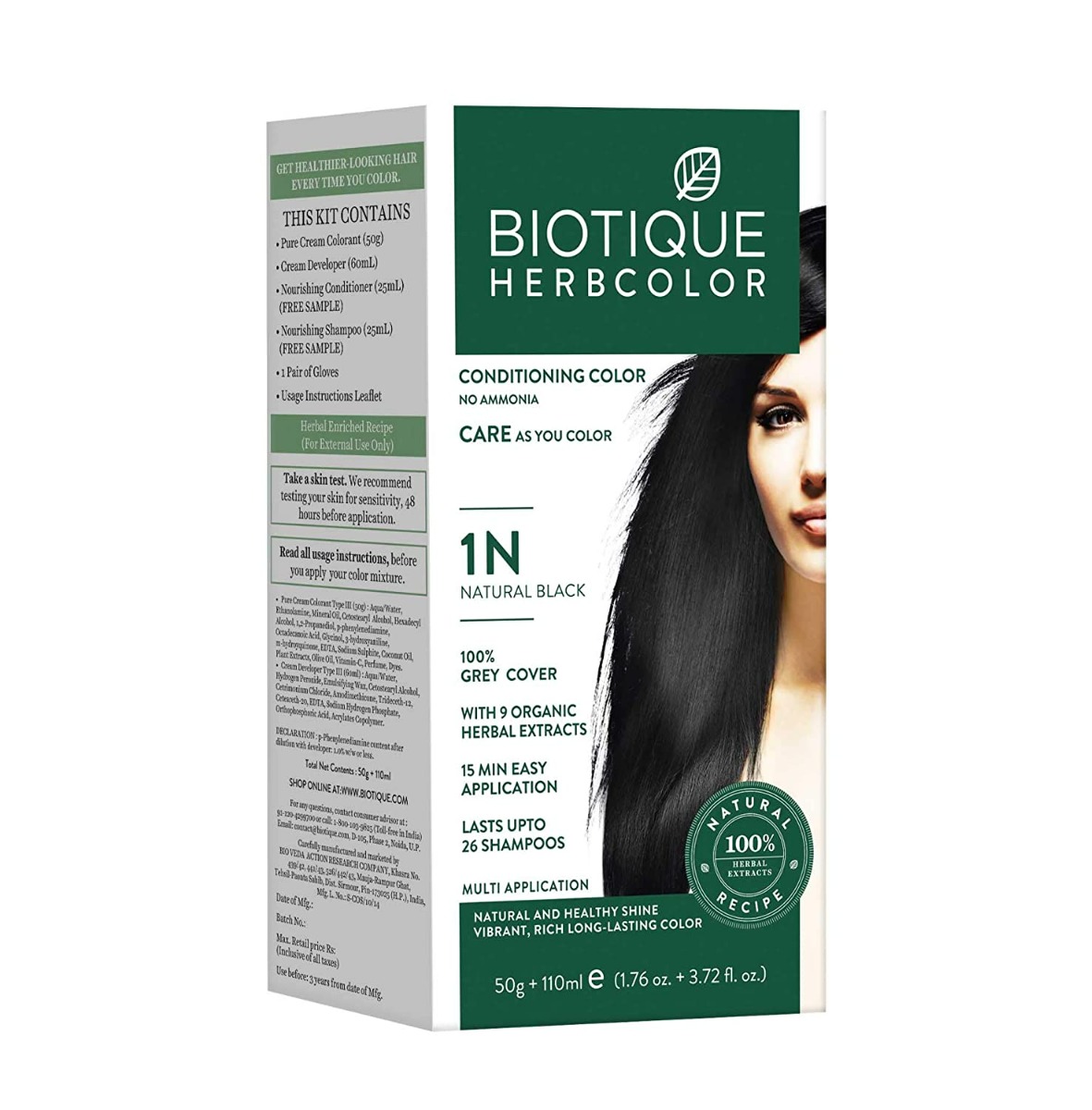 Biotique Bio Herbcolor Conditioning Hair Color, 50g + 110ml - Natural Black  1N