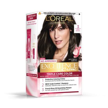 L'Oréal Paris Permanent Hair Colour, Radiant At-Home Hair Colour with up to 100% Grey Coverage, 3 Natural Darkest Brown