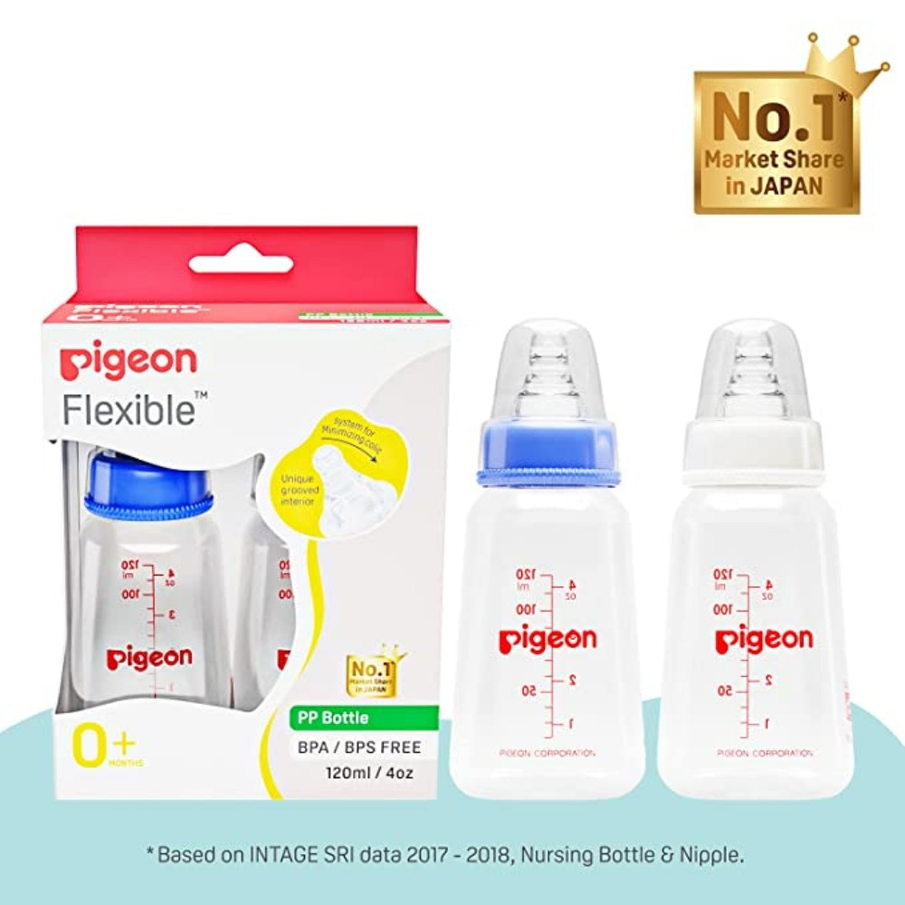 Pigeon PP Bottle 0+ month, Square Base, Blue and White, 120ml(Pack of 2)