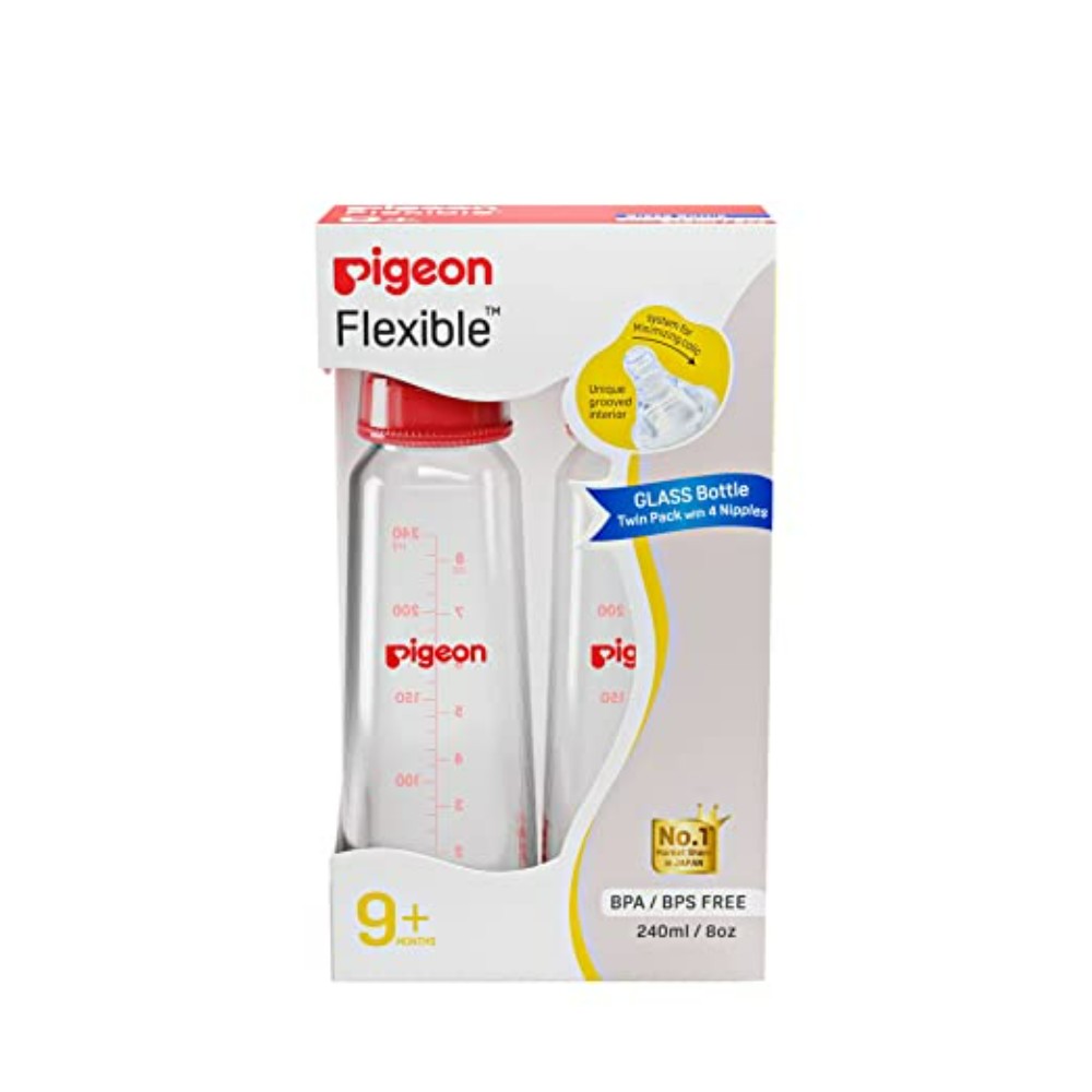 Pigeon Flexible Glass Bottle 9+ month, Pink and Red,(Pack of 2), 240ml