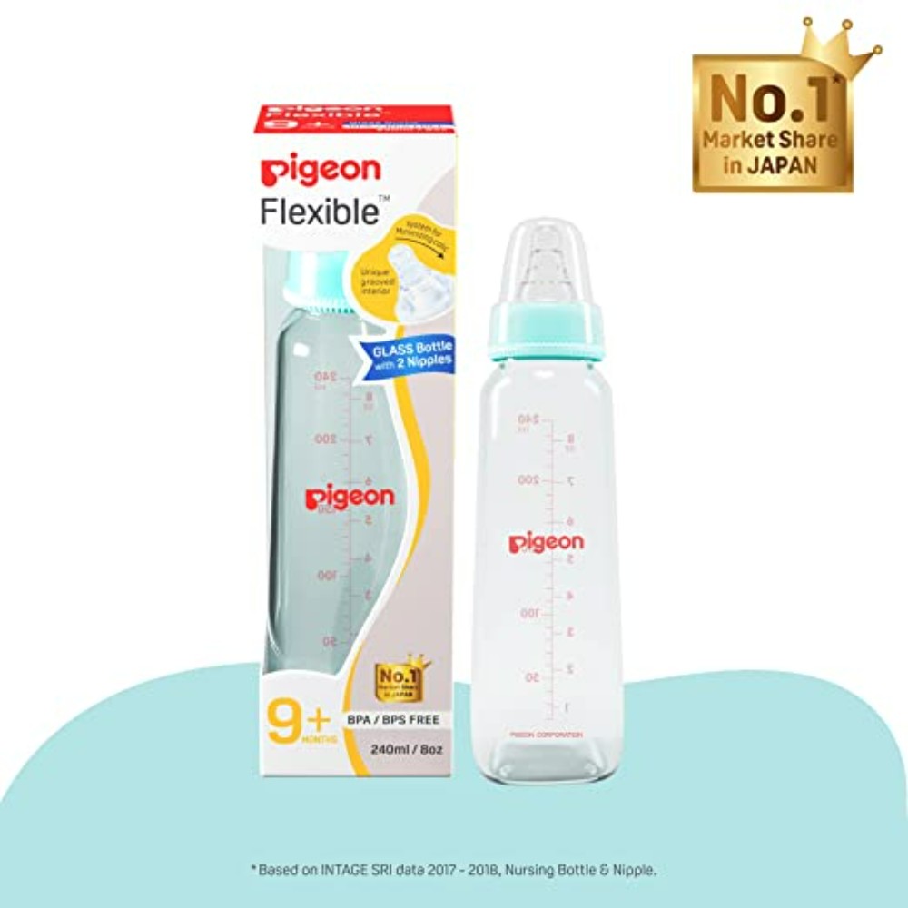 Pigeon Flexible Glass Bottle 9+ month, Pale Blue, 240ml