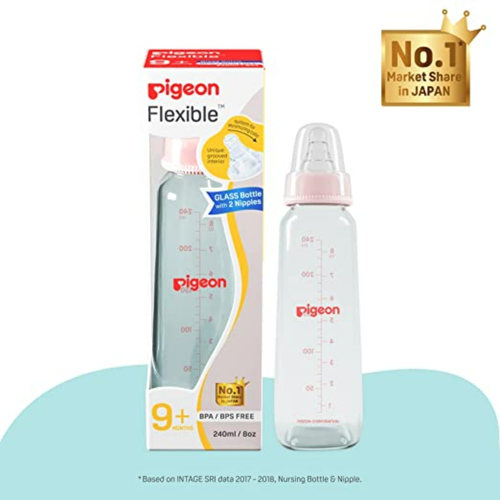 Pigeon Glass Bottle with added Nipple M, 4+ month, Pink, 240ml