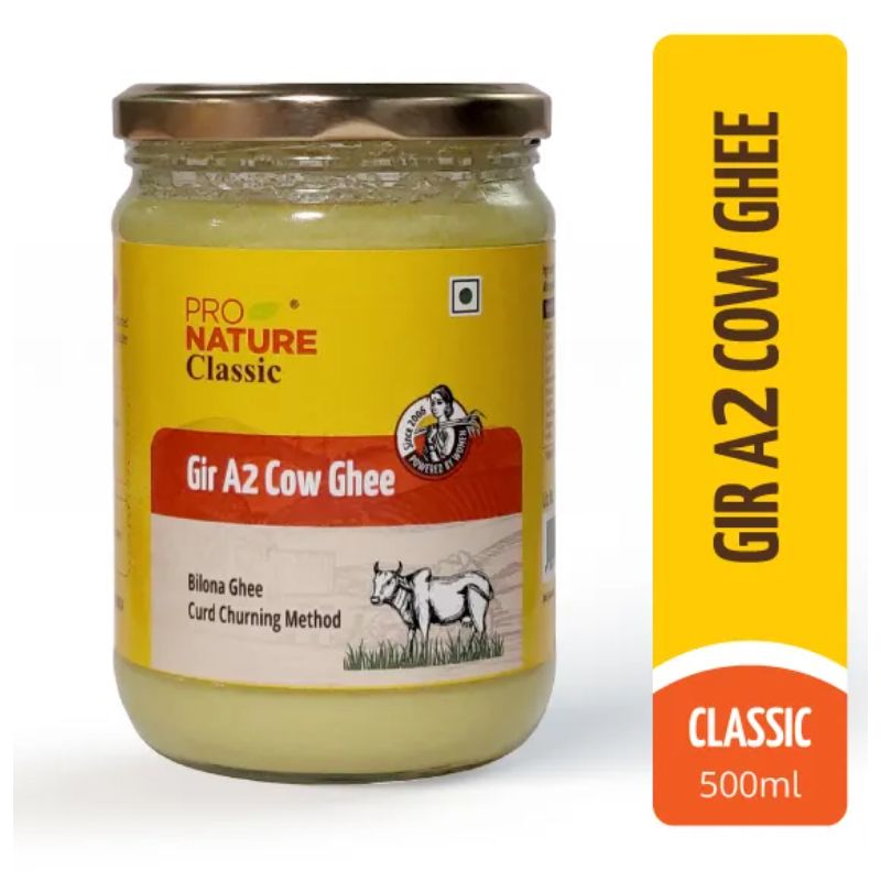 Pro Nature Classic Gir Cow Ghee (A-2, Bilona) (Bilona Ghee), 500ml (Glass Jar)