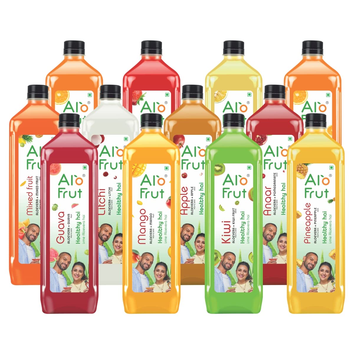 Alo Frut Juices 1L - Pack of 4 | Fruit Juice and Aloevera Pulp | 1 ea of Flavours Litchi Kiwi, Berries, Mango