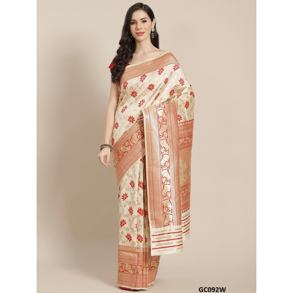 Sharaa Ethnica White color Kanjeevaram Silk Sarees with unstiched blouse piece