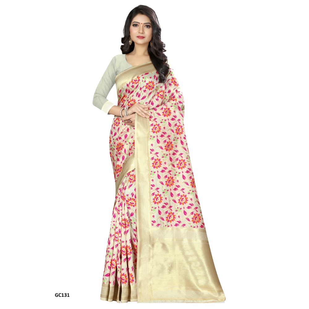 Sharaa Ethnica Off White Kanjeevaram saree with unstitched blouse pcs