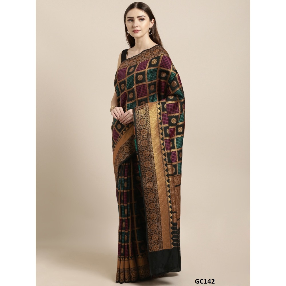 Sharaa Ethnica Black and Gold kanjeevaram saree with unstitched blouse pcs