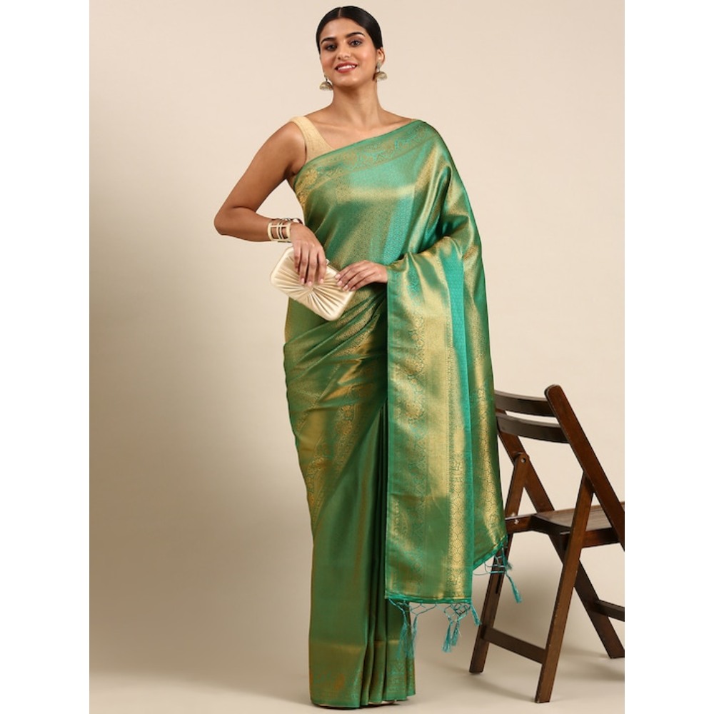 Sharaa Ethnica light green Kanjeevaram saree with unstitched blouse pcs