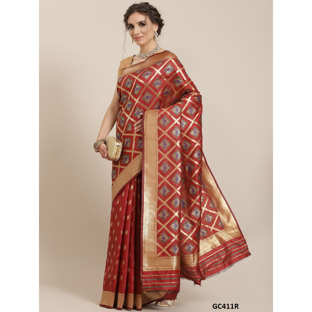 Sharaa Ethnica Red color Kanjeevaram Silk Sarees with unstiched blouse piece