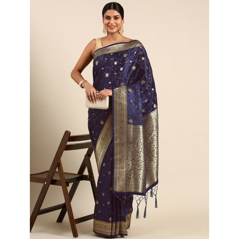 Sharaa Ethnica Navy Blue Kanjeevaram saree with unstitched blouse pcs