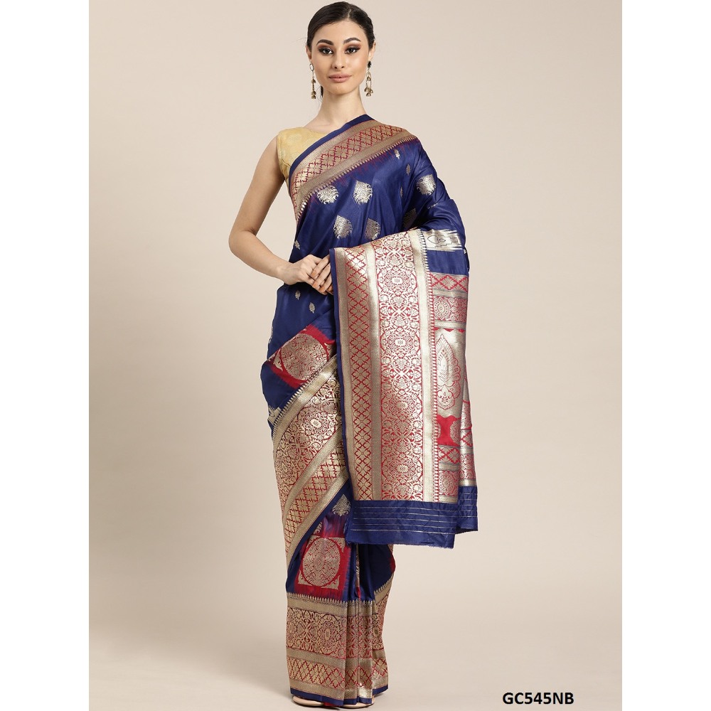 Sharaa Ethnica Navy Blue color Kanjeevaram Silk Sarees with unstiched blouse piece