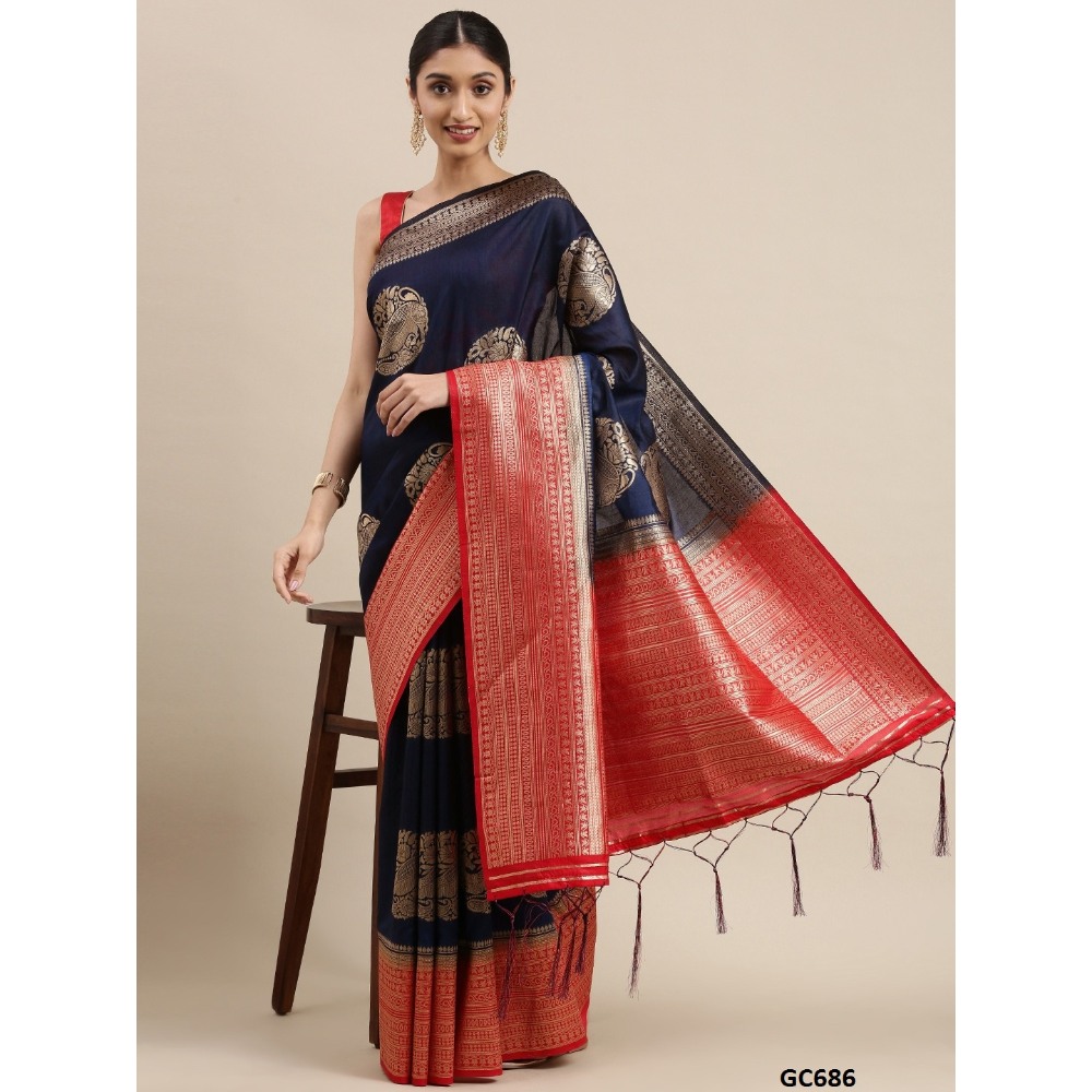 Sharaa Ethnica Navy - Red color Kanjeevaram Silk Sarees with unstiched blouse piece