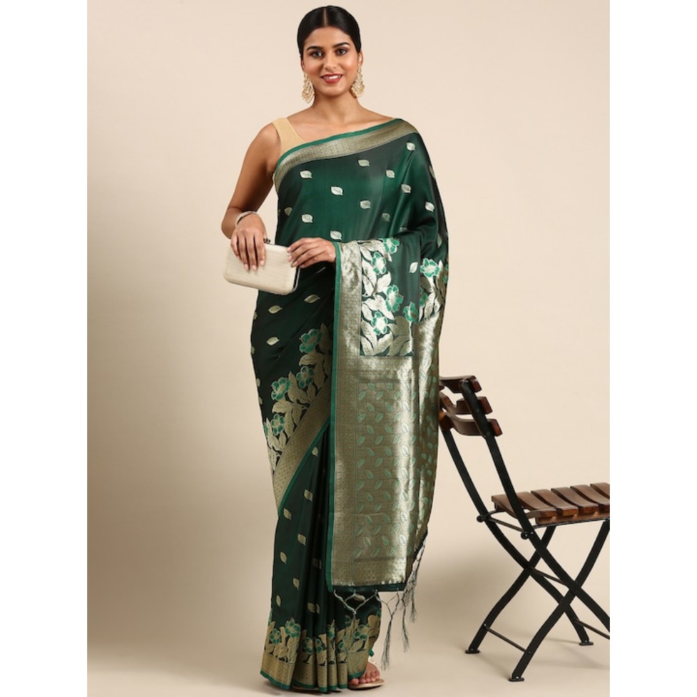 Sharaa Ethnica Dark Green Kanjeevaram saree with unstitched blouse pcs
