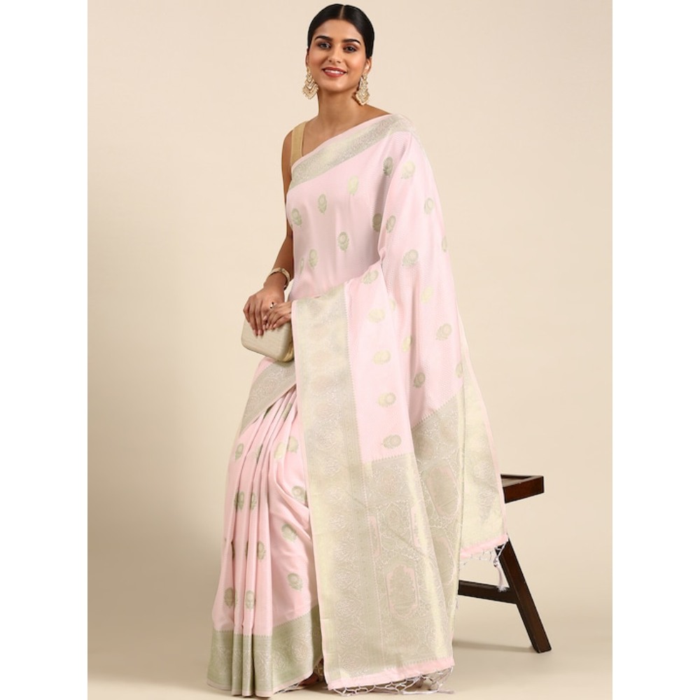 Sharaa Ethnica Pink Kanjeevaram saree with unstitched blouse pcs