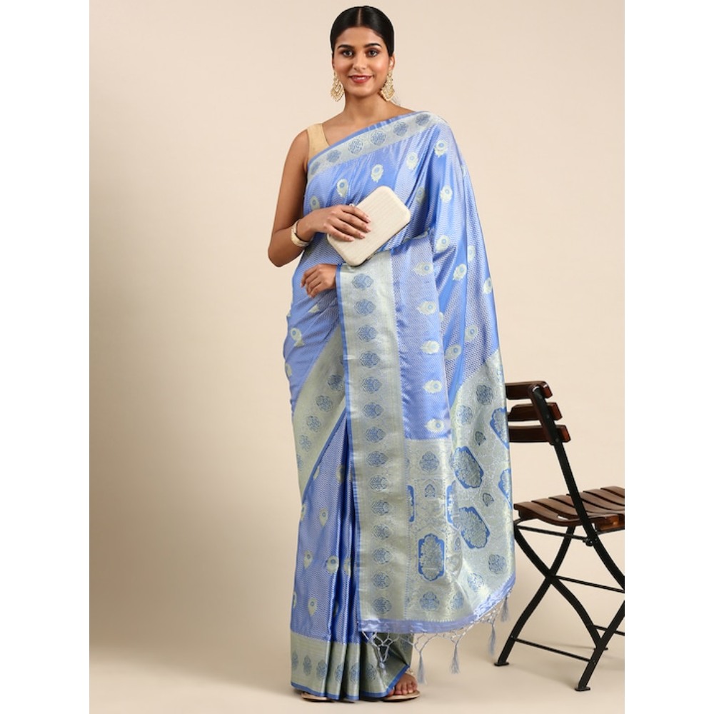 Sharaa Ethnica Skyblue Kanjeevaram saree with unstitched blouse pcs