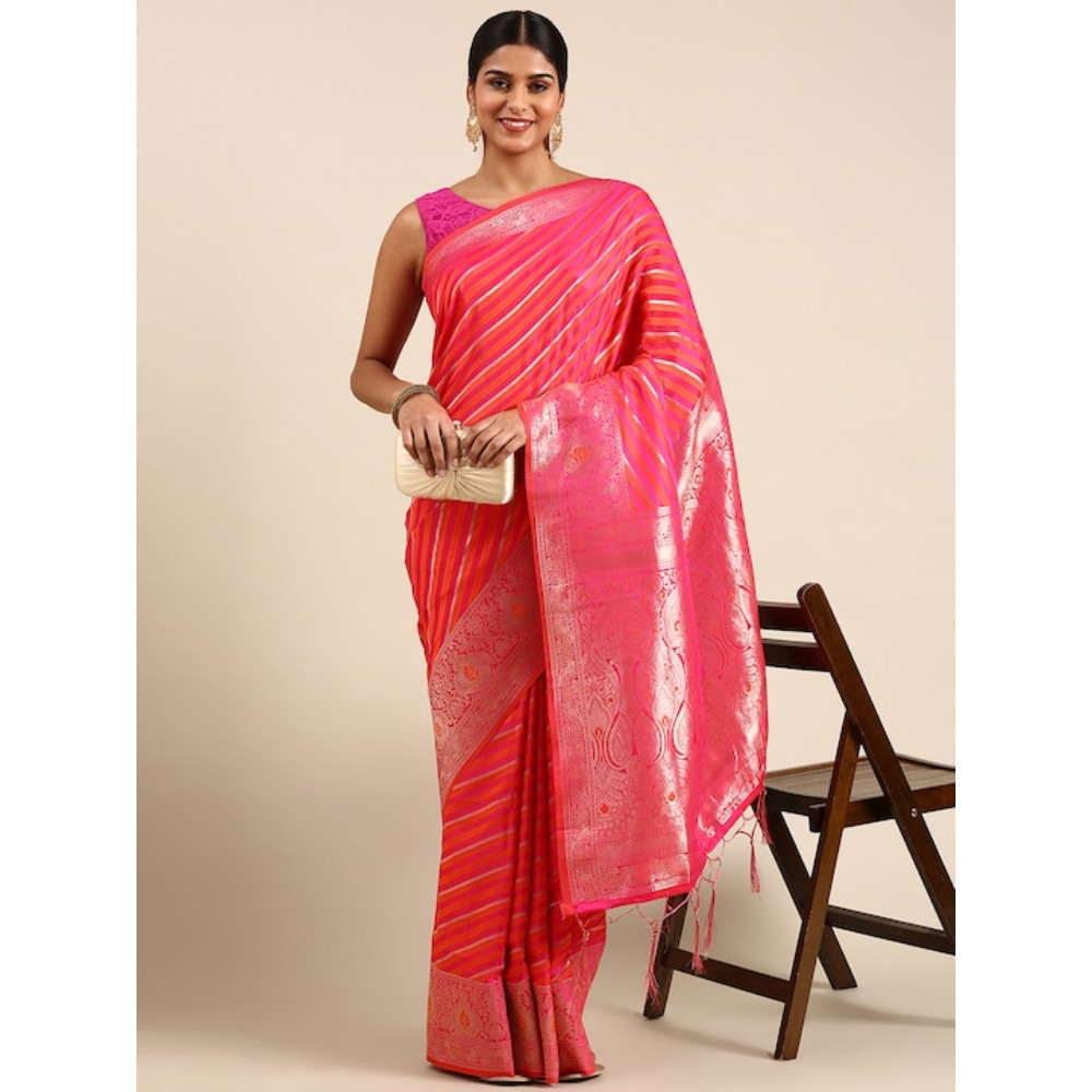 Sharaa Ethnica Pink Kanjeevaram saree with unstitched blouse pcs