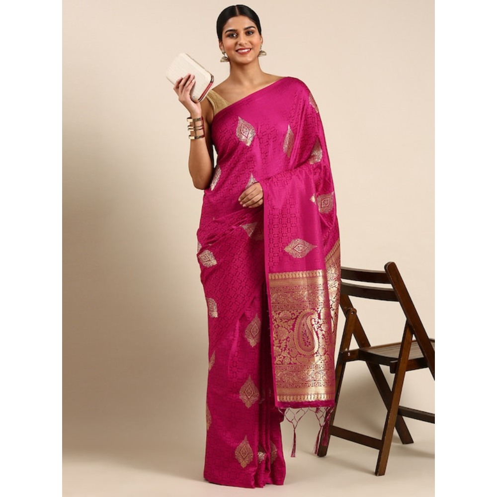 Sharaa Ethnica Magenta Pink Kanjeevaram saree with unstitched blouse pcs