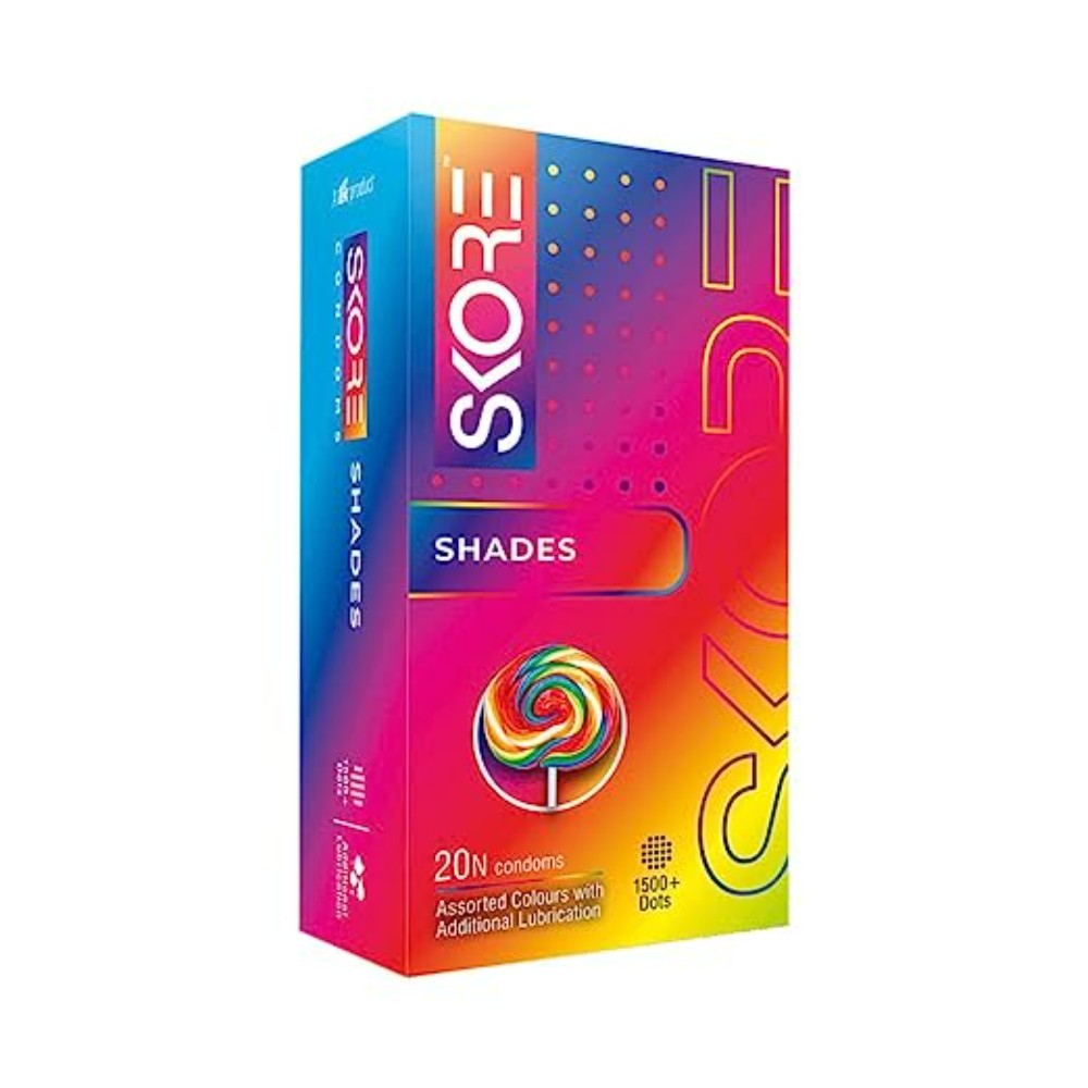Skore Shades Condoms | Coloured | Dotted with Extra Lubrication for Pleasure Condoms - 20 Pieces| Pack of 1