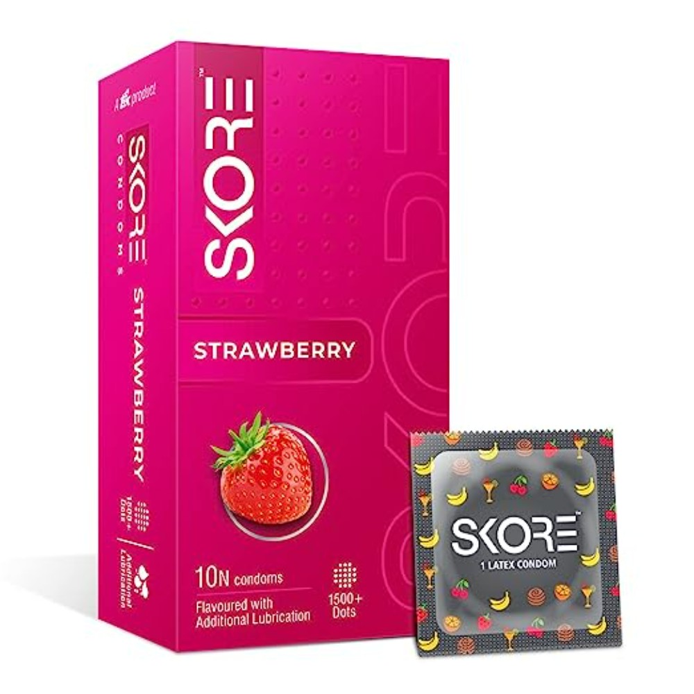 Skore Strawberry | Flavored | Dotted with Extra Lubrication Condom, 10 pieces | 1 Packs