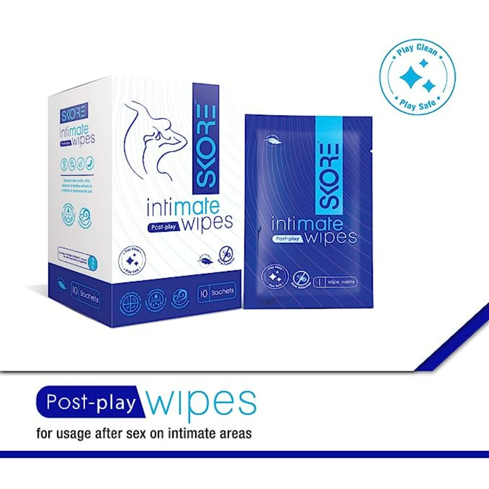 Skore Post-Play Intimate Wipes | Germ Protection | Invigorating Fragrance | Skin Friendly | 10 Wipes