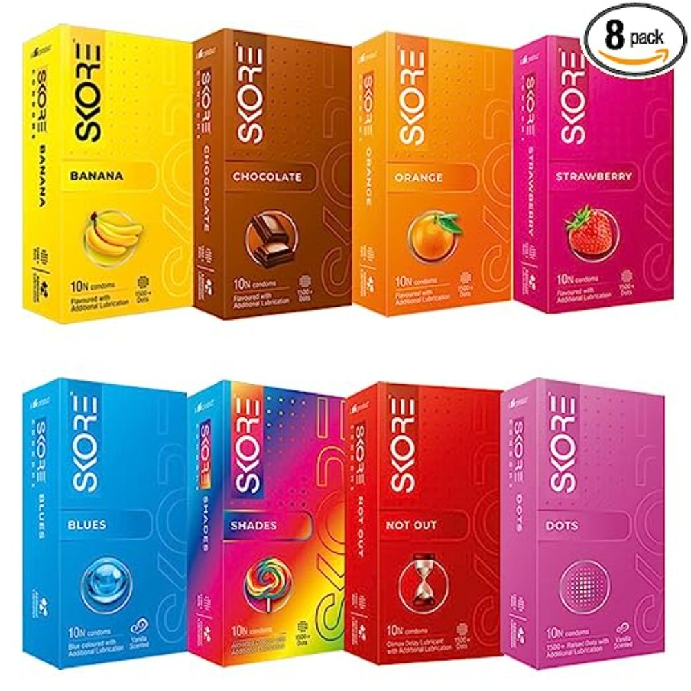 Skore New Adventure Pack Condoms | Flavoured | Coloured) - 10 Pieces, Pack of 8