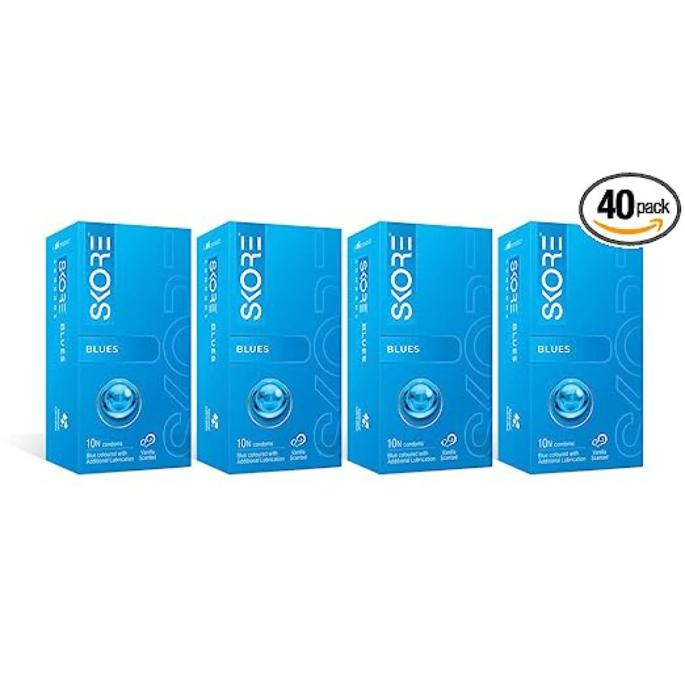 Skore Coloured Condoms with extra lubrication and vanilla scented (Blues) 10N (Pack of 4)