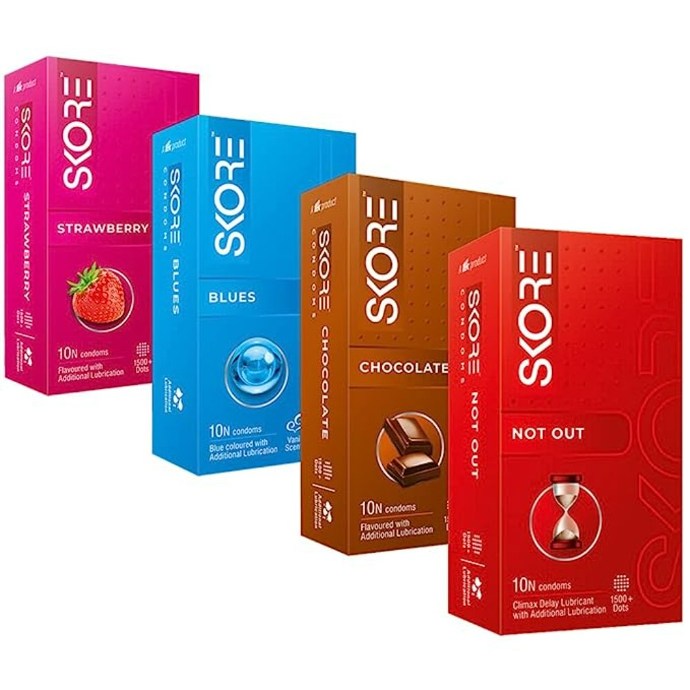 Skore Flavored Condom (Strawberry, Blue, Chocolate, Not Out) (Set of 4, 10S)