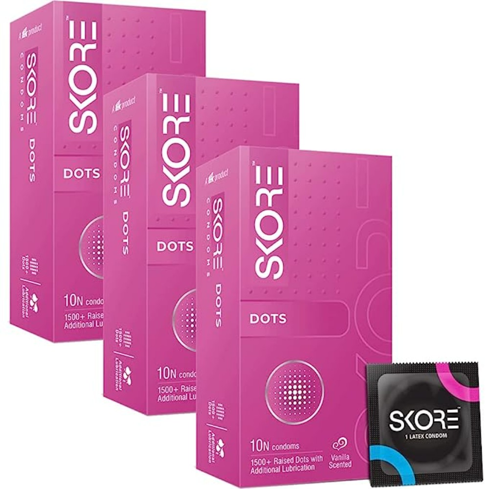 Skore Dotted Condoms with extra lubrication and vanilla scented (Dots) 10N (Pack of 3)