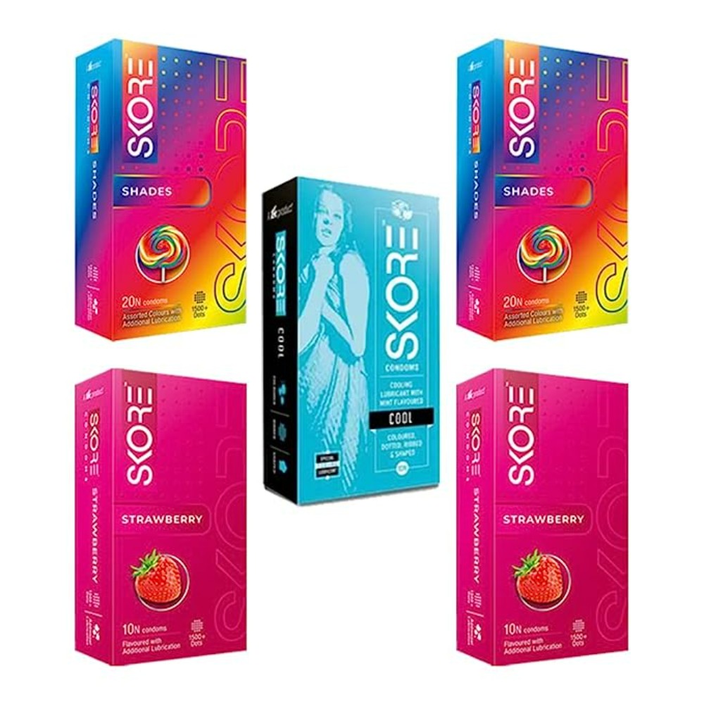 Skore Condoms Combo - (Shades 10s-2n + Strwaberry 10s-2n + Cool 10s-1n) (Pack Of 5)