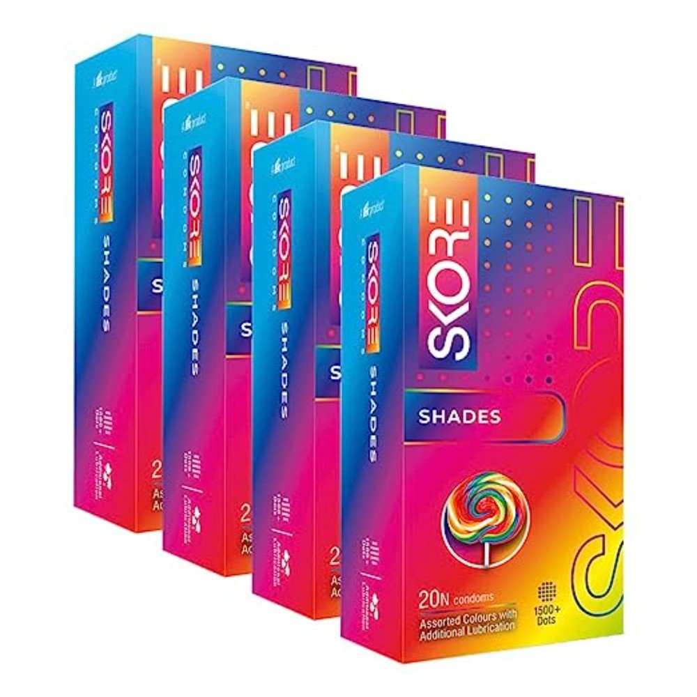 Skore Assorted Colours & Dotted Condoms (Shades) 20s (Pack of 4)