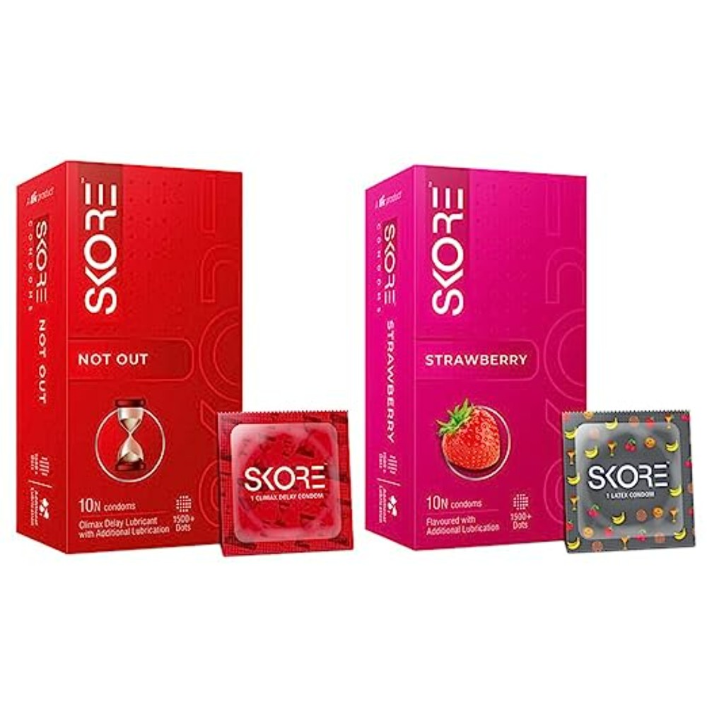 Skore Climax Delay Condoms (Not Out) 10s-1n & Skore Dotted Flavour Condoms (Strawberry) 10s-1n
