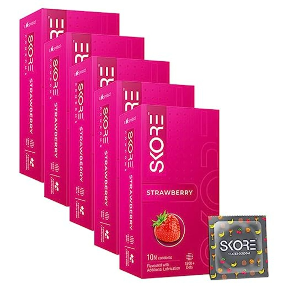 Skore Dotted Flavor Condoms (Strawberry) 10N (Pack of 5)