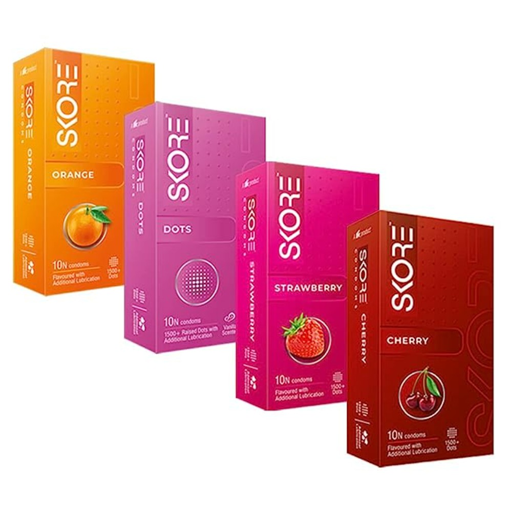 Skore Condoms, 10s (Orange-1n, Dots-1n, Cherry-1n, Strawberry-1n) Pack of 4
