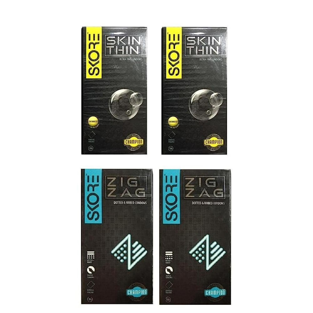 Skore Premium Condoms Combo 10 Count, Skin Thin-2n and Zig Zag-2n (Pack of 4)