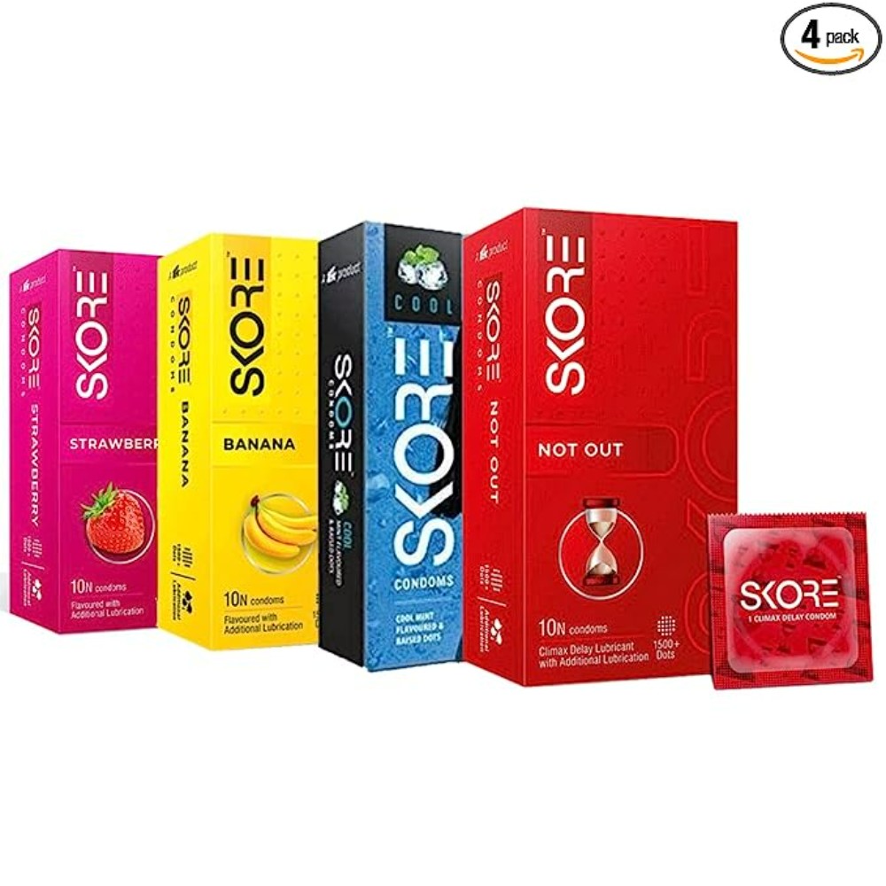 Skore Condoms - Flavored Condoms- Strawberry, Banana, Cool and Not Out 10 Count (Pack of 4)