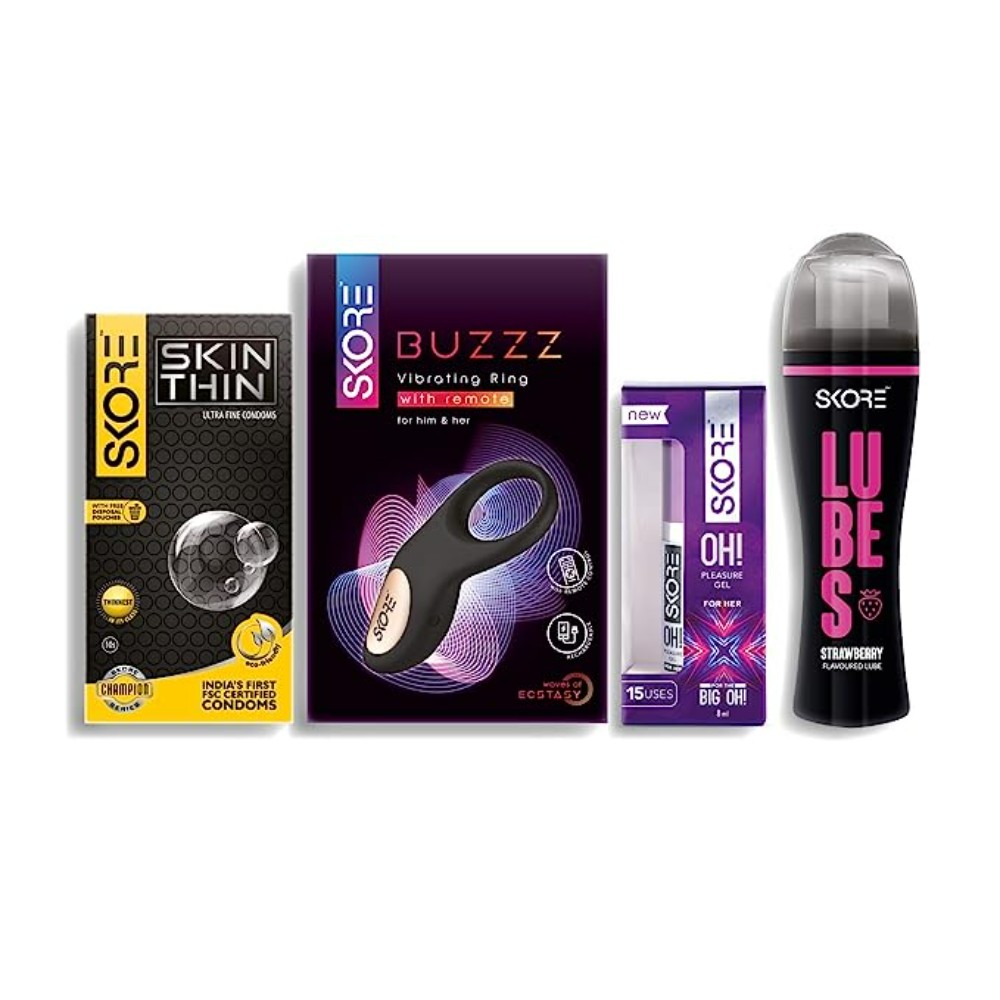 Skore Work From Home Kit - Skin Thin Ultra Fine Condoms 10s, Buzzz, OH! Gel and Strawberry Lubes 50 ml