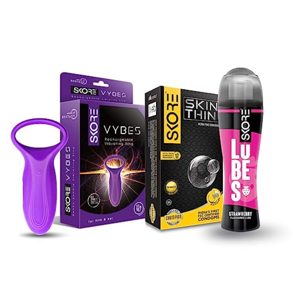 Skore Skin Thin Condoms 10s, Vybes and Strawberry Lubes 50 ml