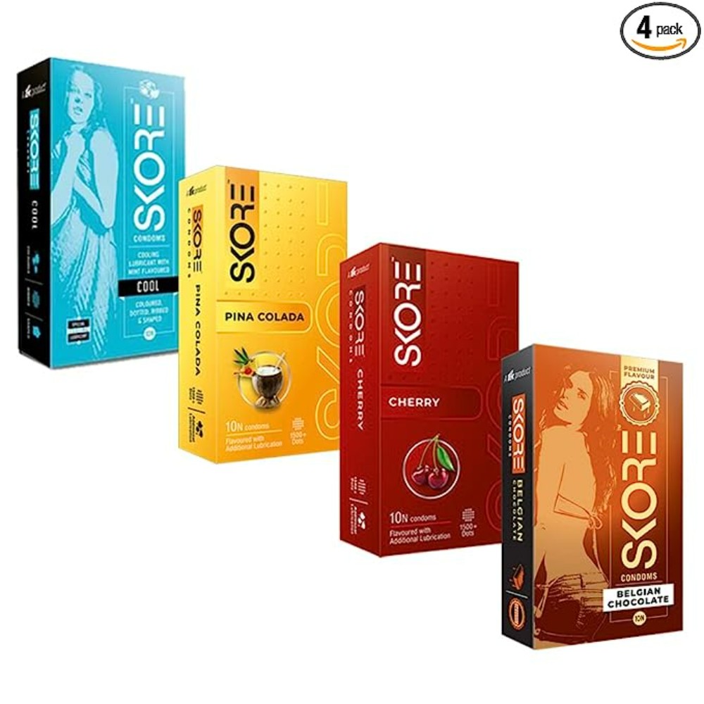 Skore Four Play Condoms-40 Dotted and Flavored Condoms (Belgian Chocolate, Cherry, Pinacolada, Cool Watermelon)