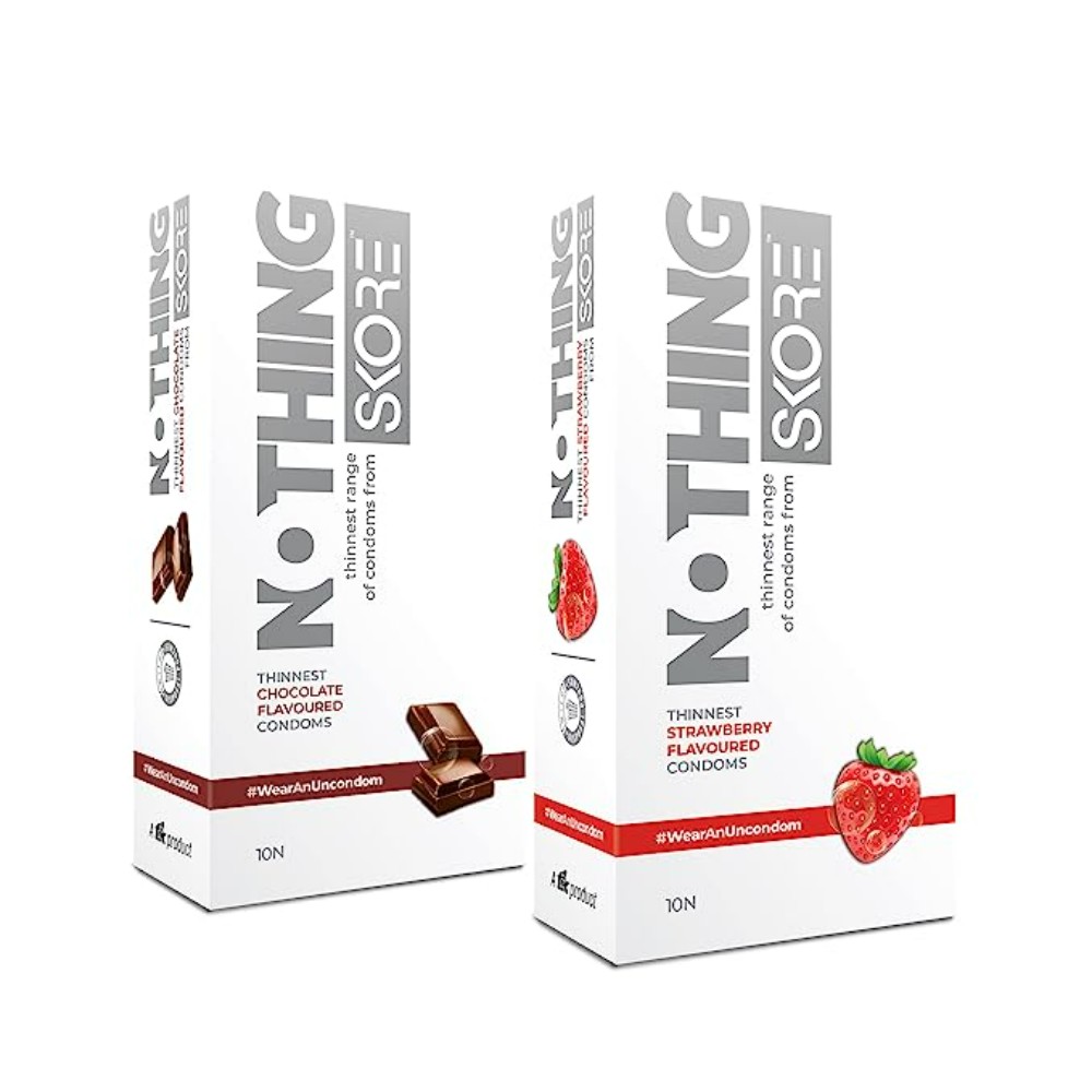 Skore Nothing Thinnest Pleasure Condoms | Flavored Chocolate & Strawberry | With Disposal Pouches| Pack of 2 | 10's each