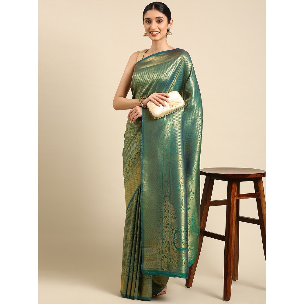 Sharaa Ethnica Green Kanjeevaram saree with unstitched blouse pcs