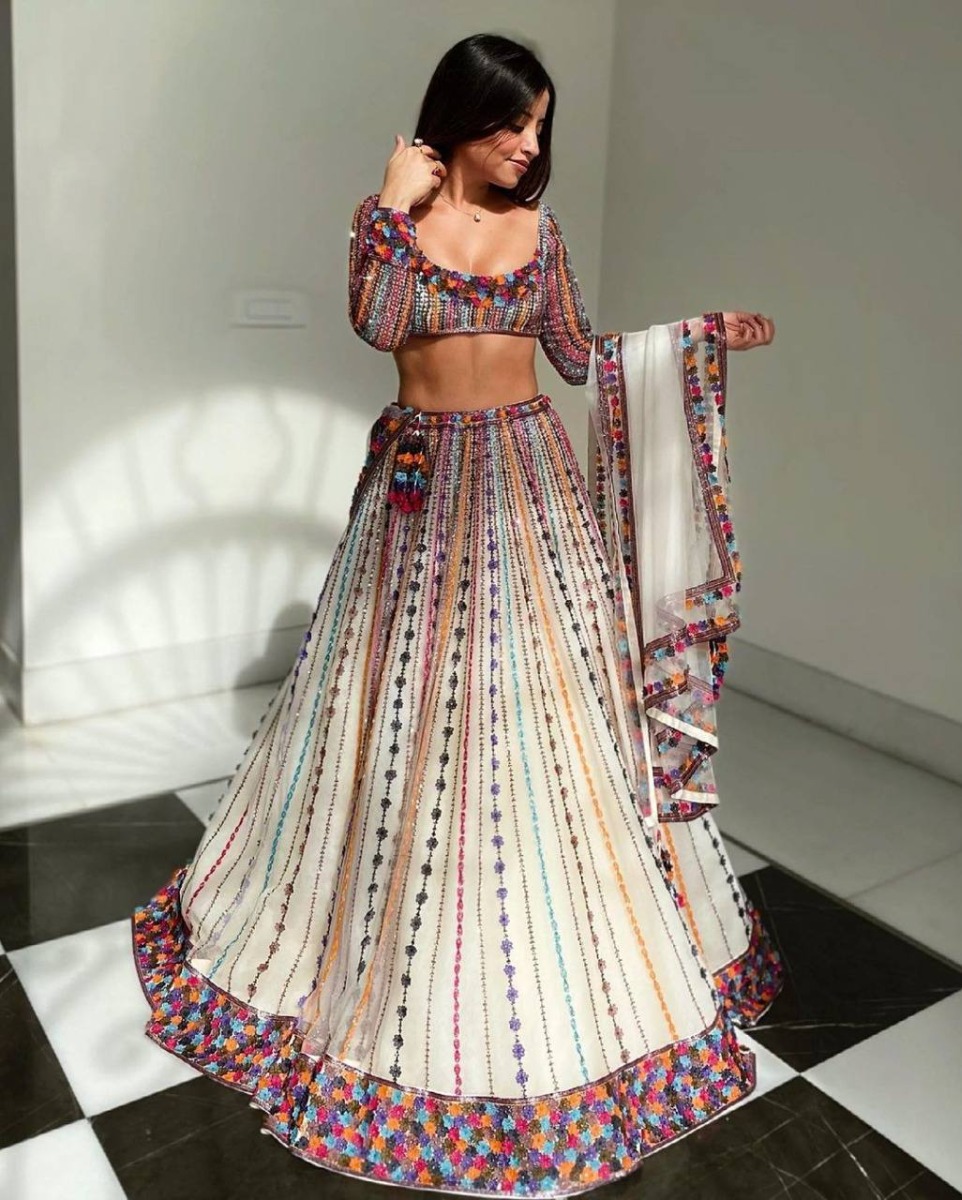  White lehenga in Net Base with Embroidery Thread Work